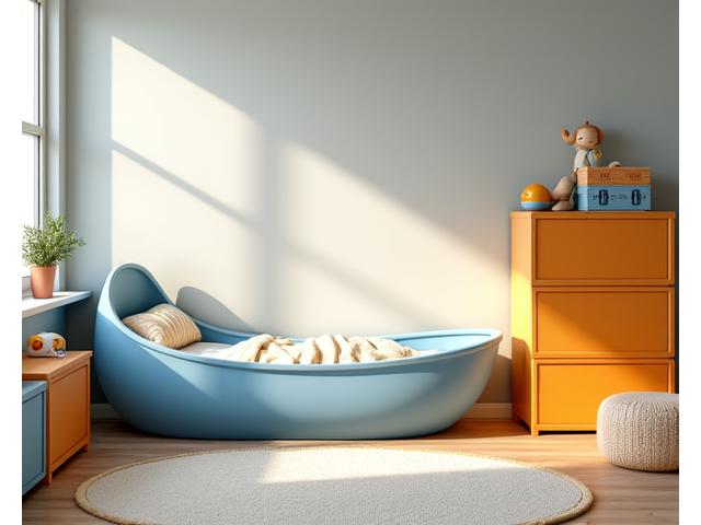 Seng formet som en fiskebåt med sjøskatter-tema oppbevaringsmøbler i et lyst barnerom.