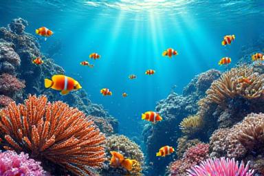 Vibrerende korallrevsmotiv på tapet, med tropiske fisker