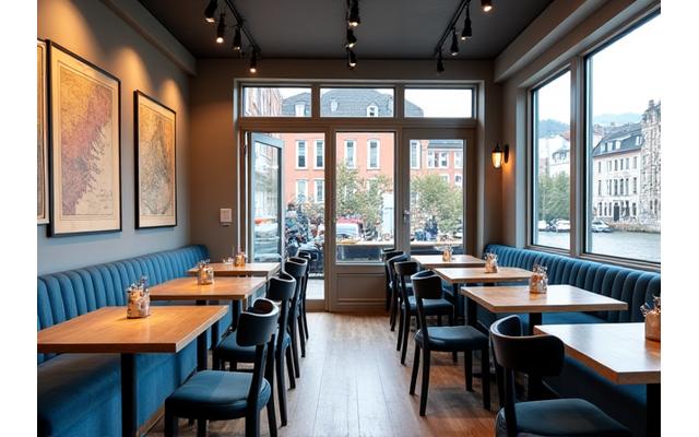 Koselig kaféinteriør med naturlig tre og belysning inspirert av sjøen i Bergen