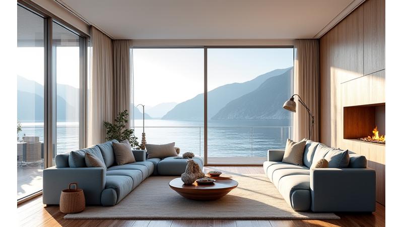 Moderne kyststue med havutsikt og designmøbler fra Tang og Tare