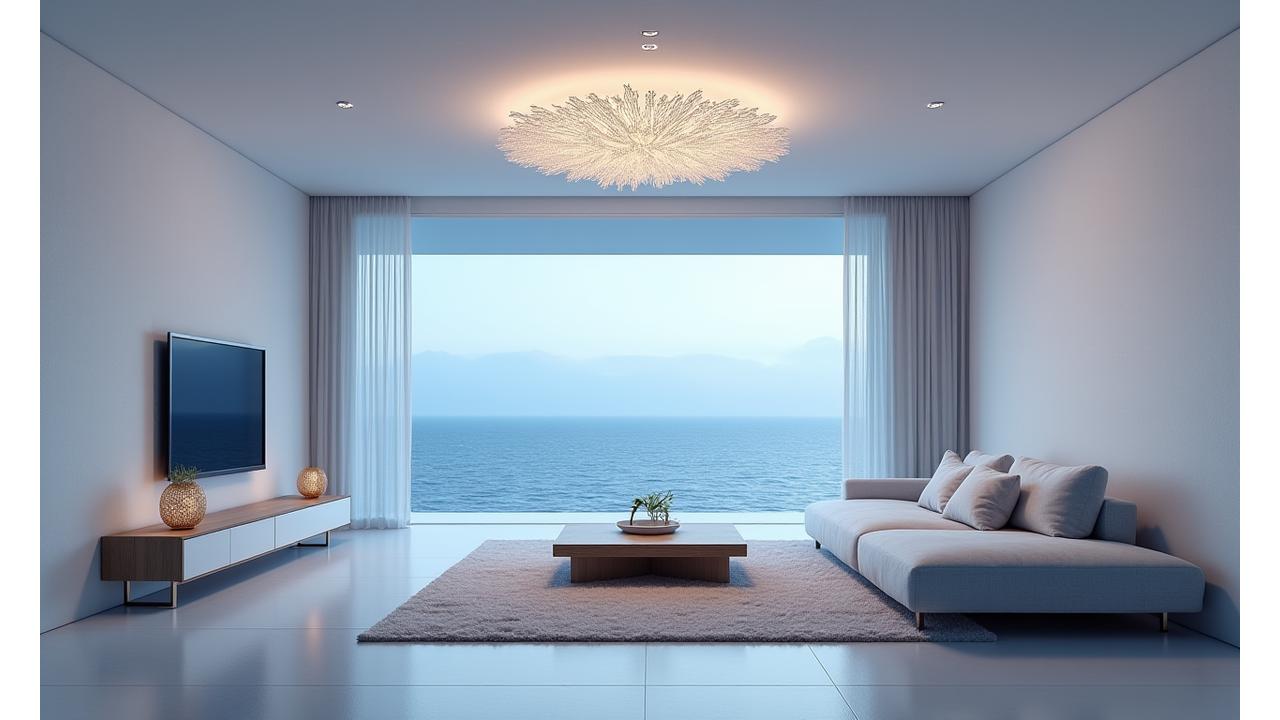 En stue med myk marine belysning som simulerer undervannsrefleksjoner på veggene, med en elegant korallinspirert taklampe som midtpunkt.