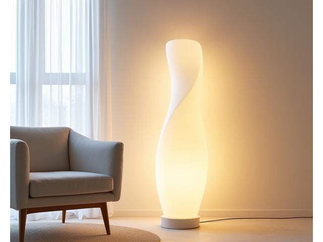 En høy gulvlampe med en bølgete, flytende form, avgir et diffust, beroligende lys som minner om havbølger på en solnedgang.