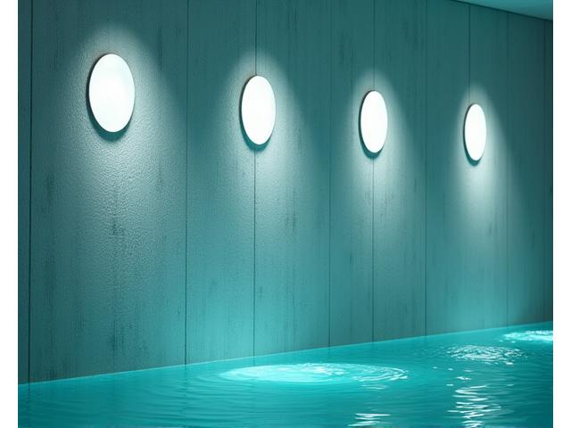 Veggmonterte lamper med diskret belysning som skaper et spill av lys og skygge lignende undervannsspotlys, med et hint av turkist lys.