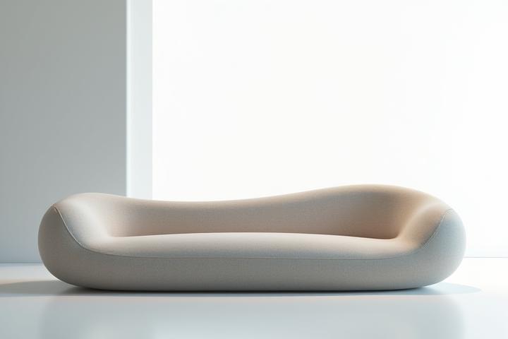 3D-modell av en moderne sofa med myke, bølgende former inspirert av havbølger, presentert i en lys og luftig setting. Materialet har en tekstur som minner om sjøgress i en varm gråtone.