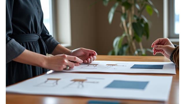 En designer og en kunde diskuterer møbeldesigntegninger ved et bord med prøver av tekstiler og treverk. Haustemning i bakgrunnen.