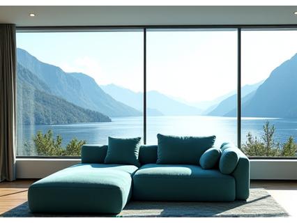 En lys og luftig stue med panoramautsikt over en norsk fjord. En marineblå sofa fra Tang og Tare er midtpunktet, med puter i havgrønne nyanser. Naturlig lys strømmer inn.