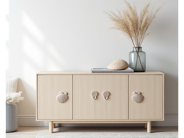 Elegant, lyst skap med innfelte paneler og diskrete skjellmotiver utskåret i tre, stående i en kystinspirert stue.