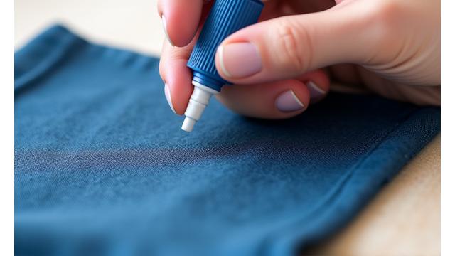 Nærbilde av en hånd som forsiktig sprayer en flekkfjerningsmiddel på en marinblå stoffprøve, med fokus på kvalitet og vedlikehold.