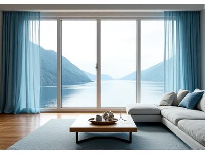 Interiørbilde som viser gardiner med kystinspirert mønster i et lyst stuevindu