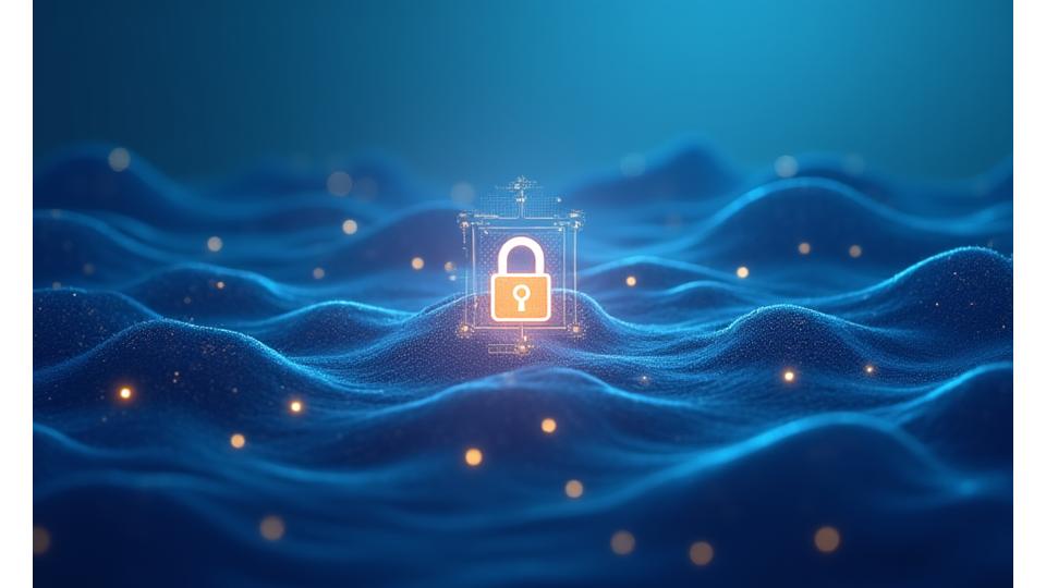 Bilde som representerer sikre online transaksjoner, med lås-ikon, bølger og nettverk av sikre forbindelser.