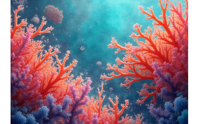 Et teppe med livlige, organiske farger og former inspirert av korallrev, med turkise, oransje og rosa toner.