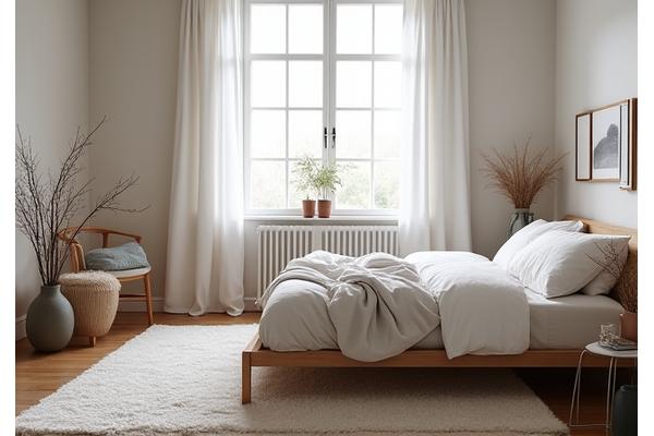 Et mykt, bølgemønstret sjøteppe som strekker seg ut under sengen i et lyst soverom, med nautiske detaljer.